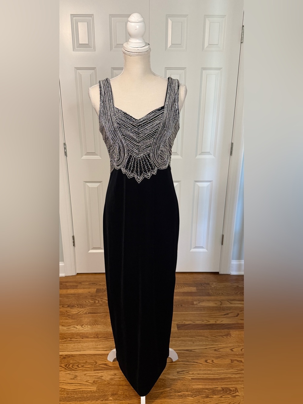 Vintage Stenay Size 10 Black Velvet Silver Beaded Art Deco Maxi Gown Dress